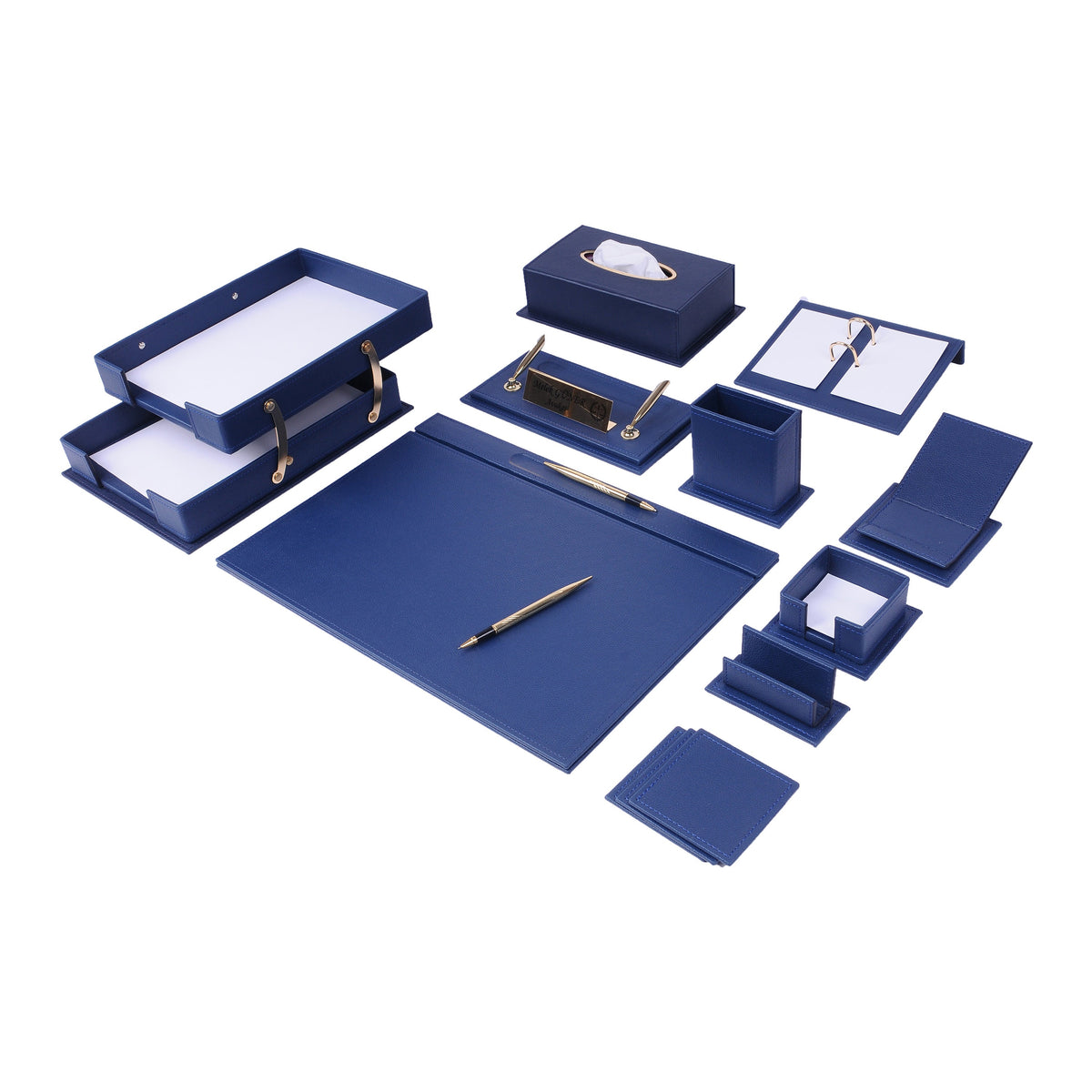 Vega Faux Leather Desk Set in Blue - 14 Pieces with Two-Tier Tray, Tissue Holder and Personalized Nameplate
