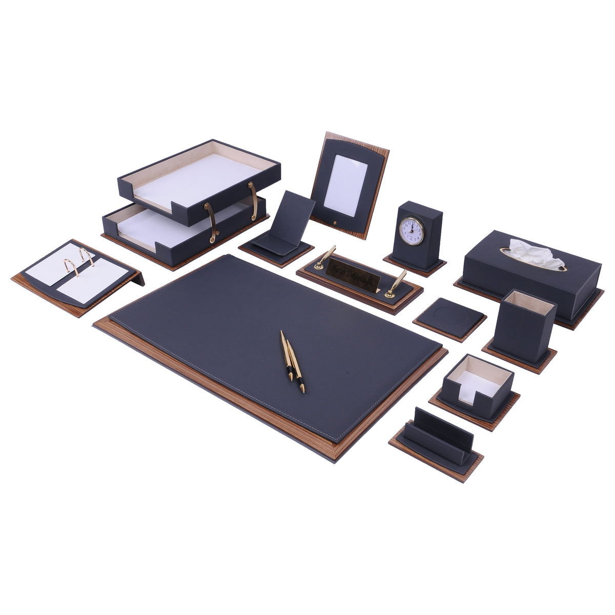 Star Luxury Gray Leather Desk Set 14 Pieces With Double Document Rack