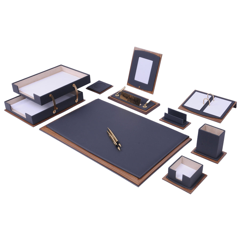 Star Luxury Black Leather Desk Set 11 Pieces With Double Document Rack
