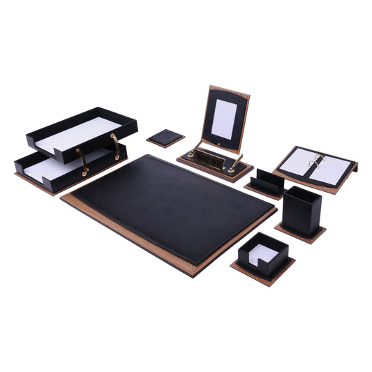 Star Luxury Black Leather Desk Set 11 Pieces With Double Document Rack